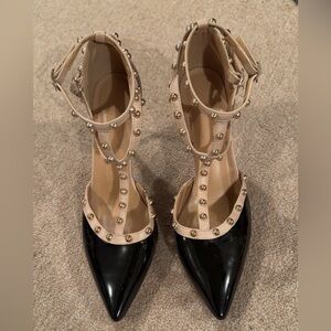 Black and Beige Studded Heels